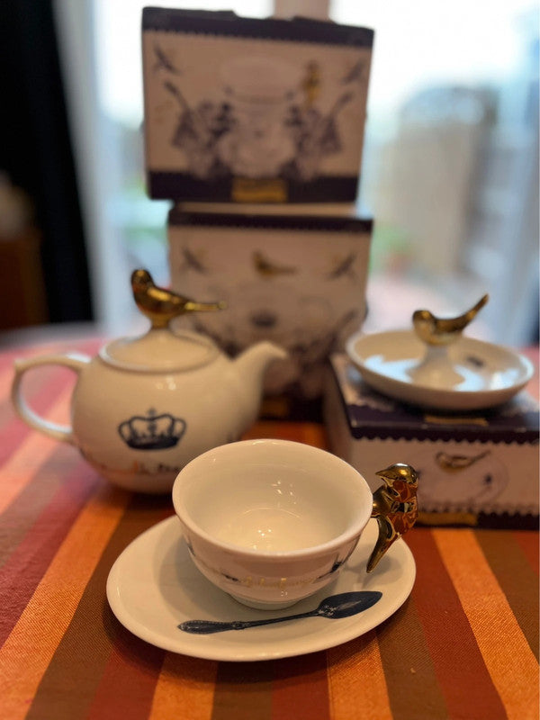 Rare M&S Marks and Spencer Porcelain Bird Song 3 piece set. Tea Pot, Trinket Tray, Tea Cup & Saucer