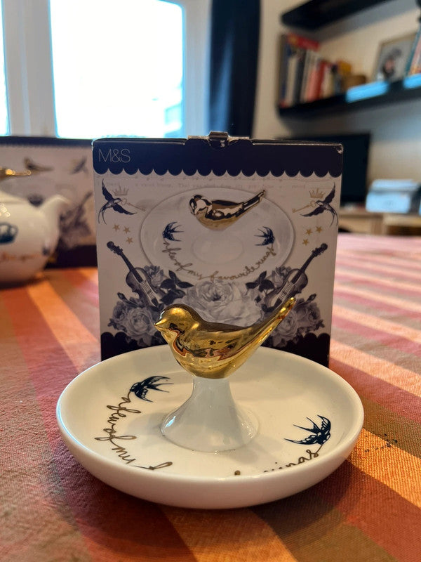 Rare M&S Marks and Spencer Porcelain Bird Song 3 piece set. Tea Pot, Trinket Tray, Tea Cup & Saucer