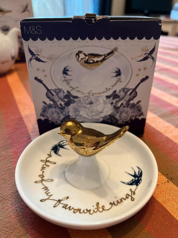 Rare M&S Marks and Spencer Porcelain Bird Song 3 piece set. Tea Pot, Trinket Tray, Tea Cup & Saucer